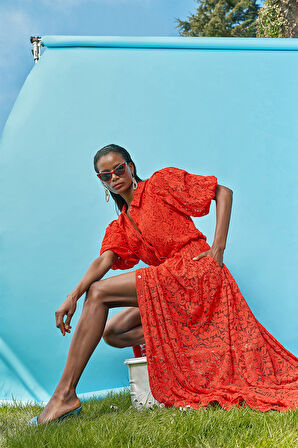 Kırmızı Kolları büzgülü uzun dantel elbise 93513 | 36