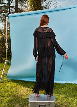 Siyah Omzu dantelli  şifon elbise 93509 | 36