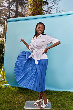 Beyaz Mavi Pilise detaylı poplin elbise  93504 | 38