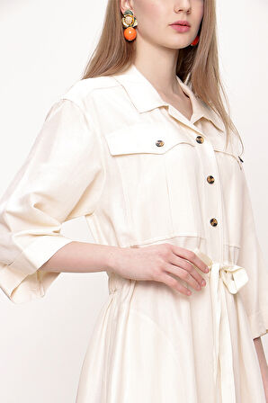 Ekru Bol kesim keten gömlek elbise 93564 | 38