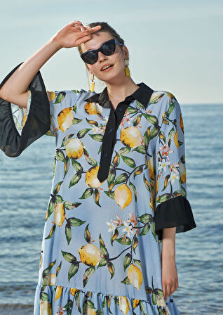 Desenli Büzgülü bol kesim elbise 93556 | 36