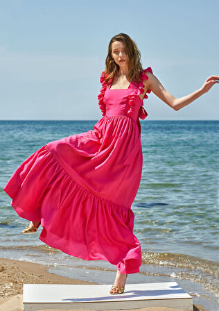 Fuşya Kolsuz volanlı elbise 93562 | 36