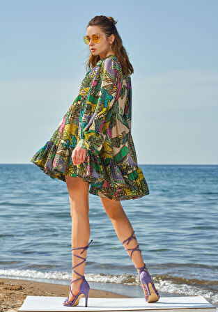 Desenli Büzgülü kısa elbise 93567 | 36