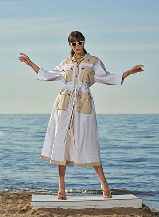 Beyaz Bej Çıt çıt detaylı poplin  elbise 93565 | 36