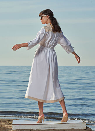 Beyaz Bej Çıt çıt detaylı poplin  elbise 93565 | 36