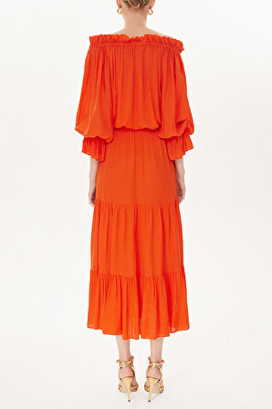 Kırmızı Düşük omuzlu fırfırlı elbise 93465 | 44