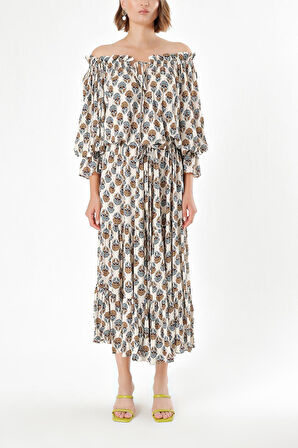 Ekru Düşük omuzlu fırfırlı elbise 93465 | 42