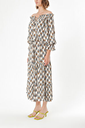 Ekru Düşük omuzlu fırfırlı elbise 93465 | 42