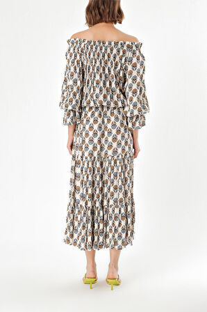 Ekru Düşük omuzlu fırfırlı elbise 93465 | 42