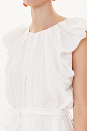 Beyaz Omuzları büzgülü salaş elbise 93468 | 44