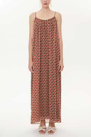 Kırmızı Desenli Askılı bol kesim elbise 93476 | 44