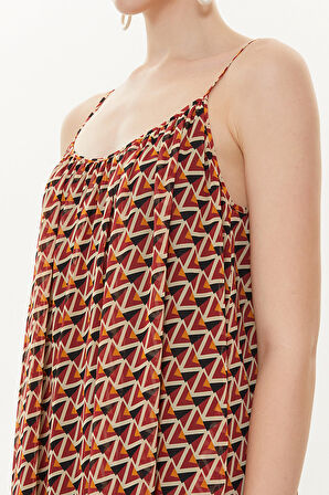 Kırmızı Desenli Askılı bol kesim elbise 93476 | 44