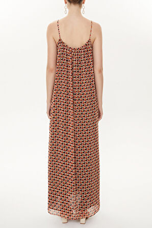 Kırmızı Desenli Askılı bol kesim elbise 93476 | 44