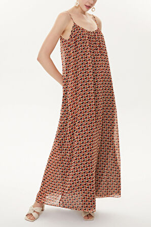 Kırmızı Desenli Askılı bol kesim elbise 93476 | 44