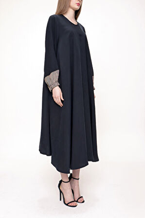 Siyah Önü pileli bol kesim elbise 93704 | S