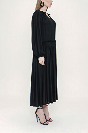 Siyah Pilili bol kesim elbise 93469 | 42