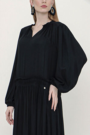 Siyah Pilili bol kesim elbise 93469 | 42