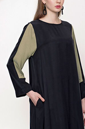 Haki Siyah Kontrast detaylı midi elbise 93721 | S