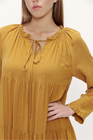 Sarı Bol kesim büzgülü uzun elbise 93742 | 46