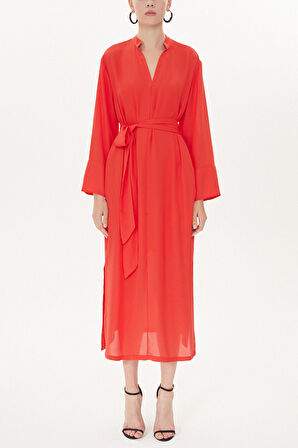 Kırmızı Hakim yaka bol kesim elbise 93726 | 40