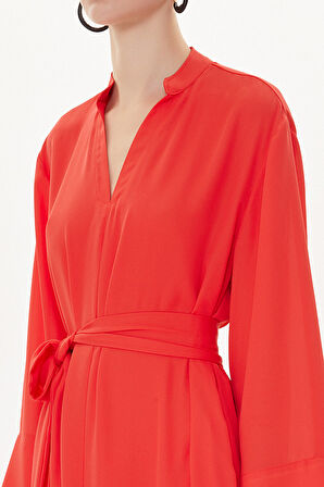 Kırmızı Hakim yaka bol kesim elbise 93726 | 40