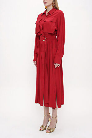 Bordo Kemerli bol kesim elbise 93827 | 38