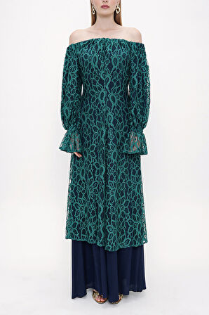 Yeşil Düşük omuzlu dantel elbise 93803 | 38