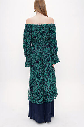 Yeşil Düşük omuzlu dantel elbise 93803 | 38