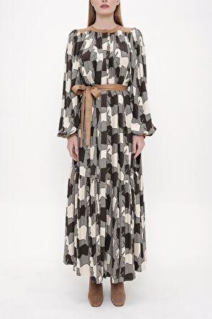 Desenli Büzgülü uzun gömlek elbise 93815 | 36