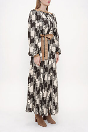 Desenli Büzgülü uzun gömlek elbise 93815 | 36