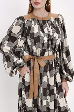 Desenli Büzgülü uzun gömlek elbise 93815 | 36