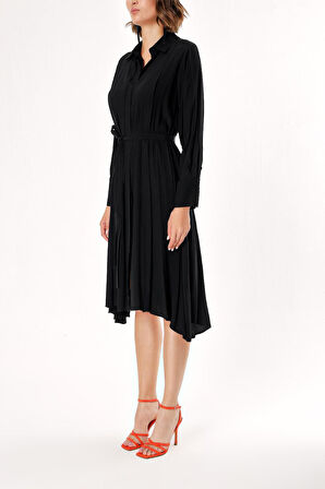 Siyah Bol kesim pili detaylı gömlek elbise 93828 | 36