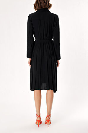 Siyah Bol kesim pili detaylı gömlek elbise 93828 | 36