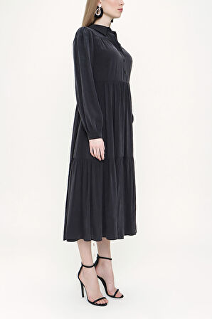 Siyah Büzgülü bol kesim elbise 93736 | 40