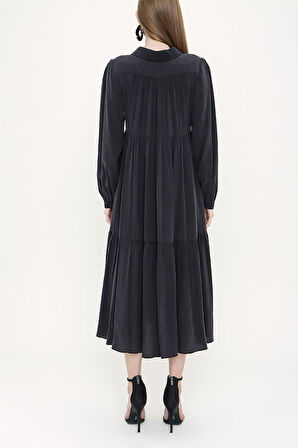 Siyah Büzgülü bol kesim elbise 93736 | 40