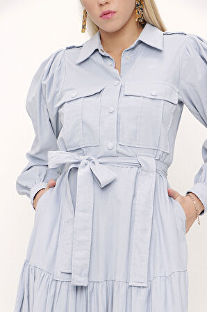 Açık Mavi Bol kesim büzgülü elbise 93756 | 42