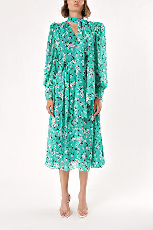 Desenli Yakası bağcıklı bol kesim vatkalı elbise 93734 | 42