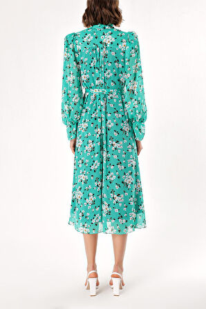 Desenli Yakası bağcıklı bol kesim vatkalı elbise 93734 | 42