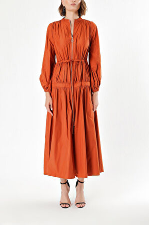 Tarçın Beli lastikli büzgülü uzun elbise 93842 | 40