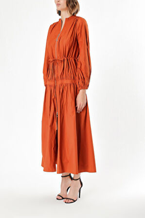 Tarçın Beli lastikli büzgülü uzun elbise 93842 | 40