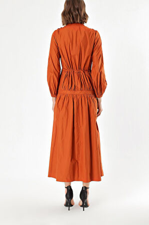 Tarçın Beli lastikli büzgülü uzun elbise 93842 | 40