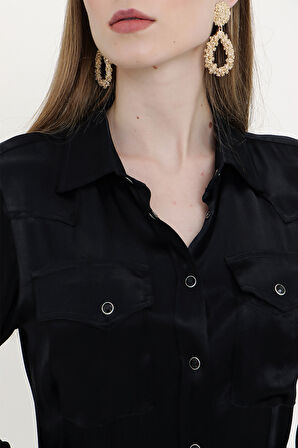 Siyah Çıt çıtlı bele oturan gömlek 10759 | 42