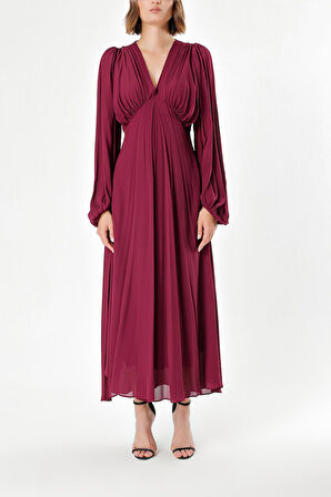 Bordo Büzgülü elbise 93847 | 36
