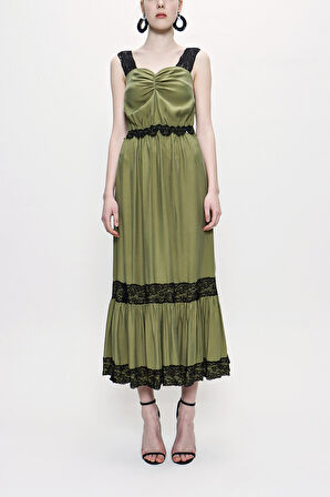 Haki Askılı dantelli elbise 93799 | L