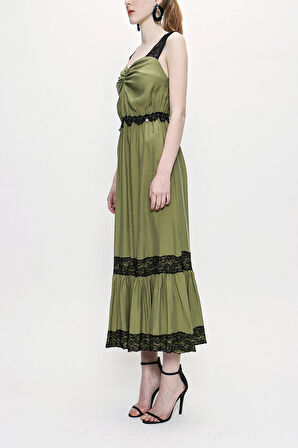 Haki Askılı dantelli elbise 93799 | L