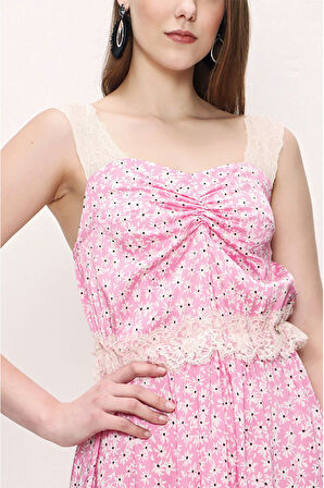 Pembe Askılı dantelli elbise 93799 | M