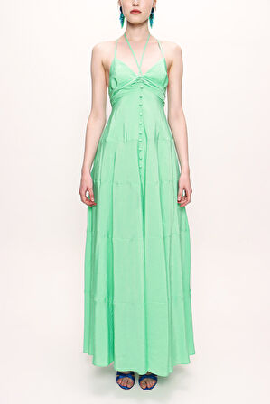 Su Yeşili Askılı V yaka elbise 93563 | S