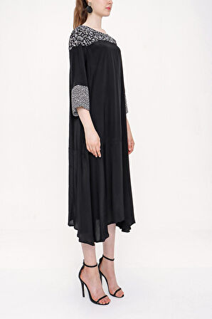 Siyah Desenli kumaş kombinli elbise 93950 | M