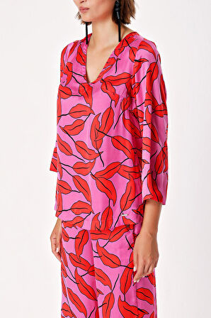 Desenli V yaka saten bluz 19828 | L