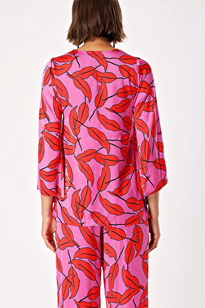 Desenli V yaka saten bluz 19828 | L